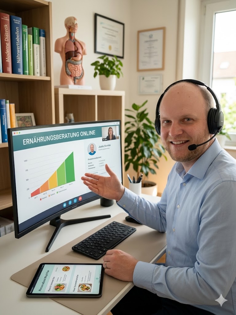 Olaf Tapken in einer Online-Sprechstunde mit Headset und Beratungs-Bildschirm